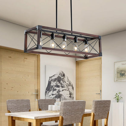 32" Red Wood Industrial Farmhouse Pendant Light - 5-Light Chandelier