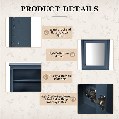 24'' Wall Mounted Bathroom Cabinet with Mirror - Blue MDF