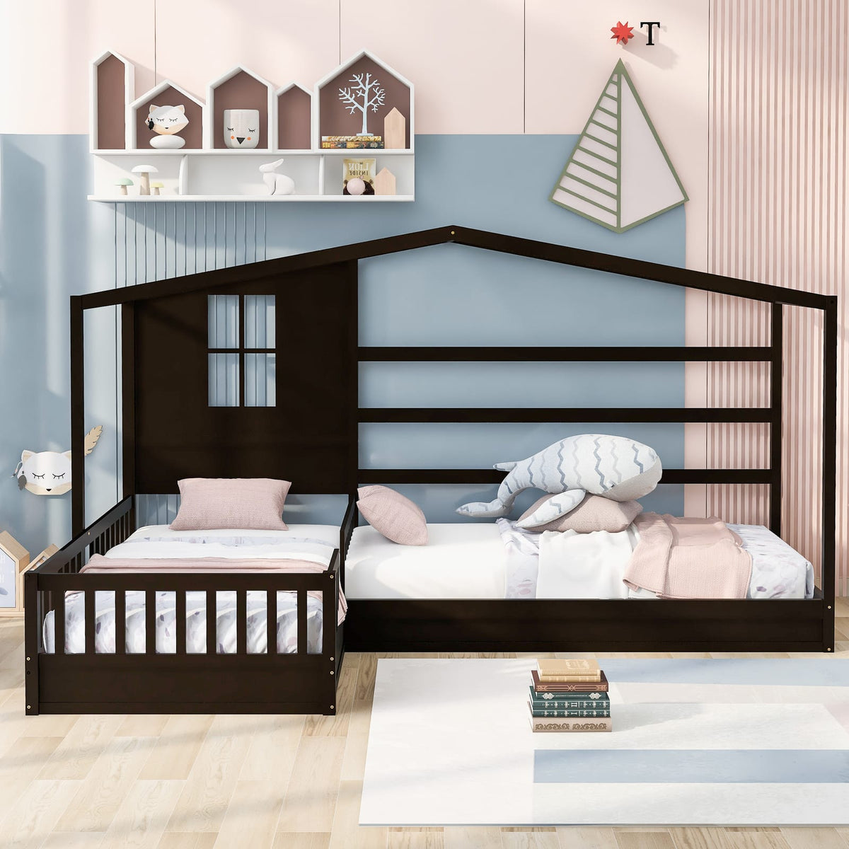 Wood House Bed Twin Size - 2 Twin Solid Beds with Fence & Slatted Frame, Espresso