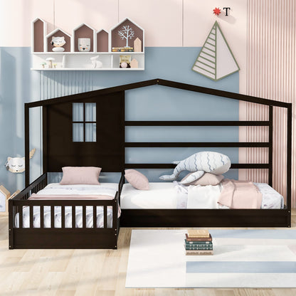 Wood House Bed Twin Size - 2 Twin Solid Beds with Fence & Slatted Frame, Espresso