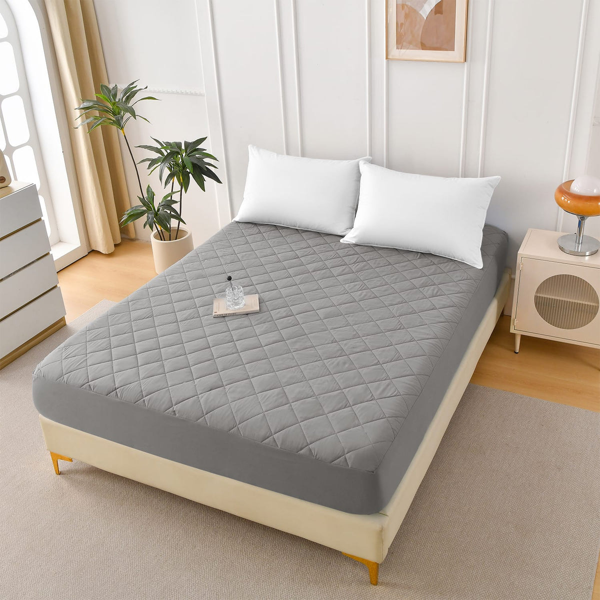 Diamond Grid Ultrasonic Waterproof Mattress Protector Gray Queen