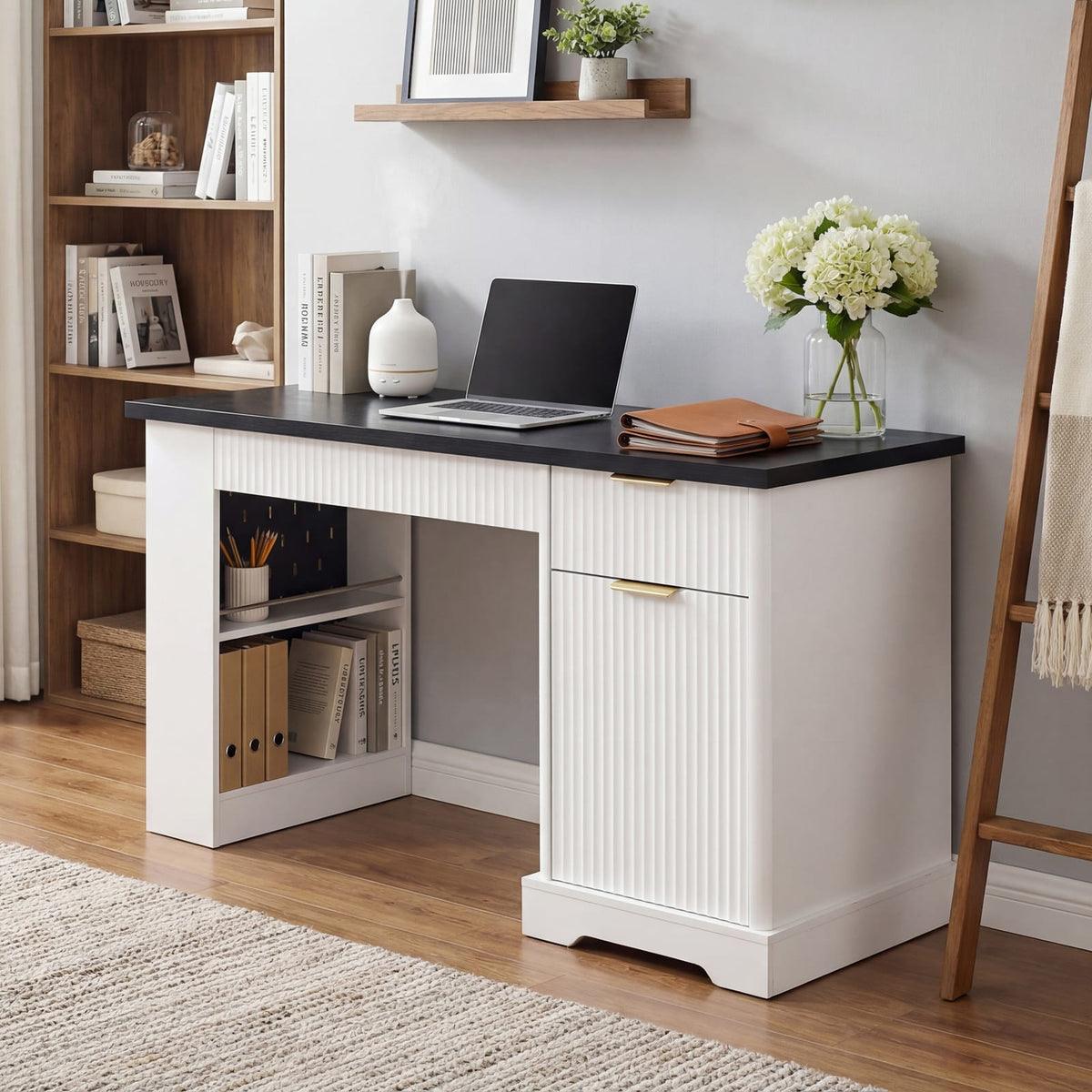 55" Modern Fluted Office Desk with Storage - White