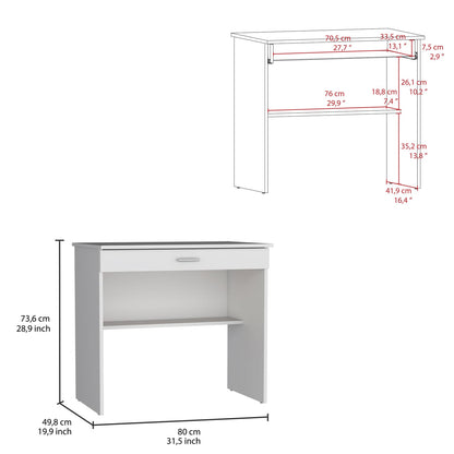White Computer Desk with Drawer & Shelf - Compact Workstation for Home Office