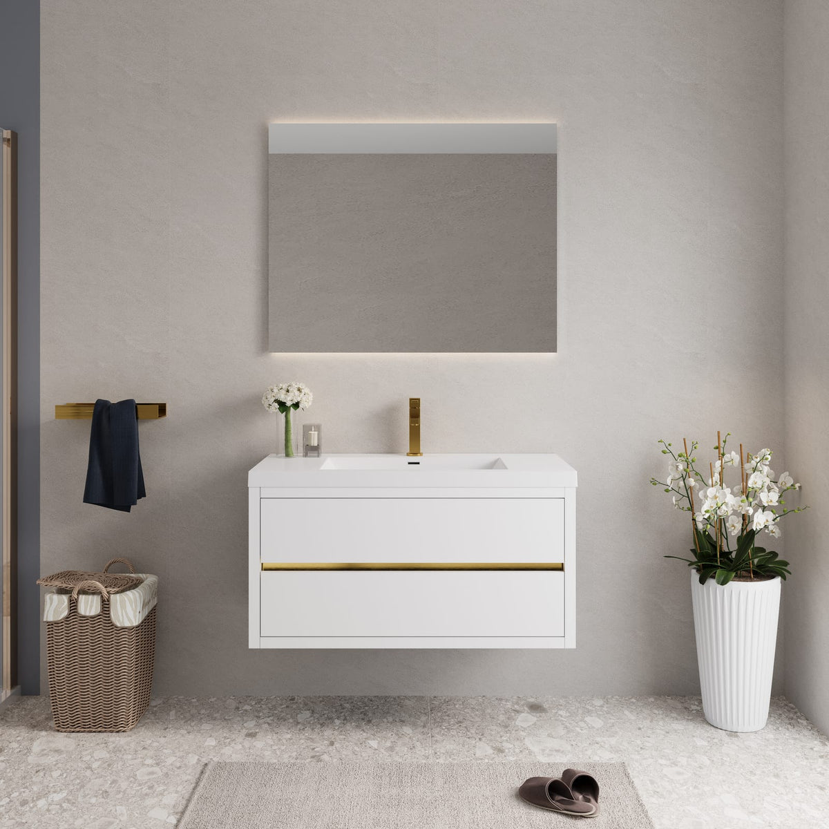 Glossy White Bathroom Vanity with Sink - 42" Wall Mounted Storage