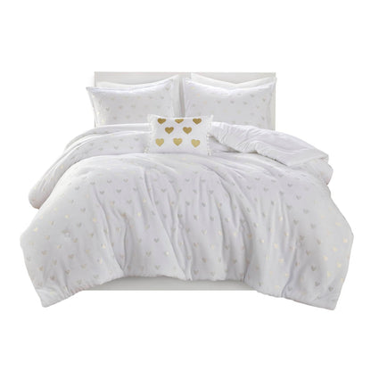 Full/Queen Plush White Comforter Set with Heart Motif