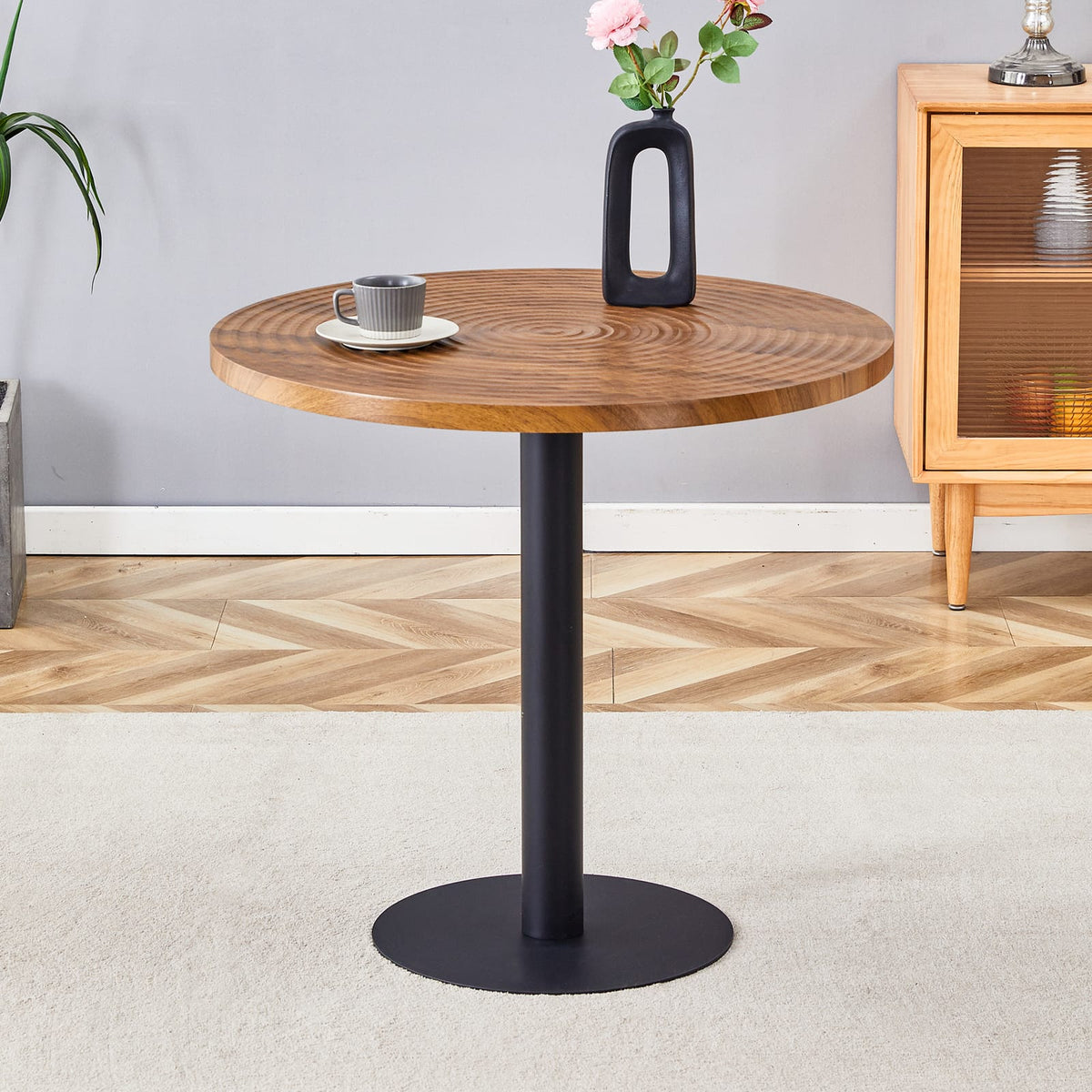 31.5 Inch Round Dark Wood Dining Table - Black Metal Stand