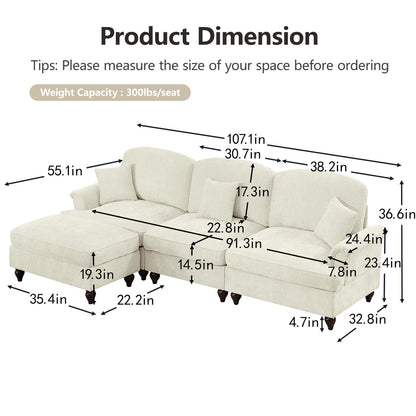 3 Seat Beige White Chenille Sectional Sofa with Removable Ruffles for Living Room