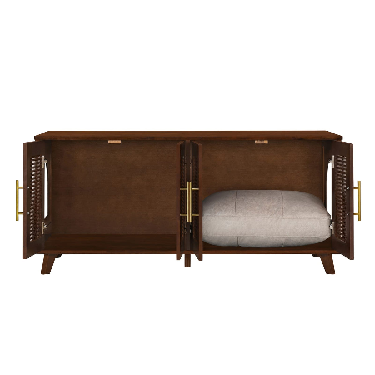 Walnut Pet Storage Cabinet with Rattan Mesh Doors for Modern Living