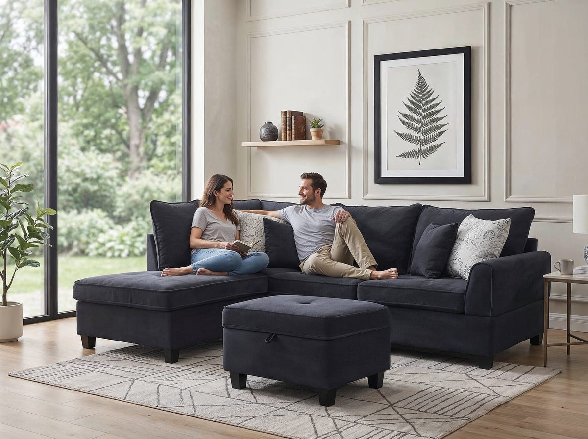 Harmony 99-inch Charcoal Fabric Sectional Sofa - Storage Ottoman Included