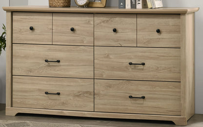 Elara 57"W Light Oak Dresser - 6 Drawers, Black Hardware