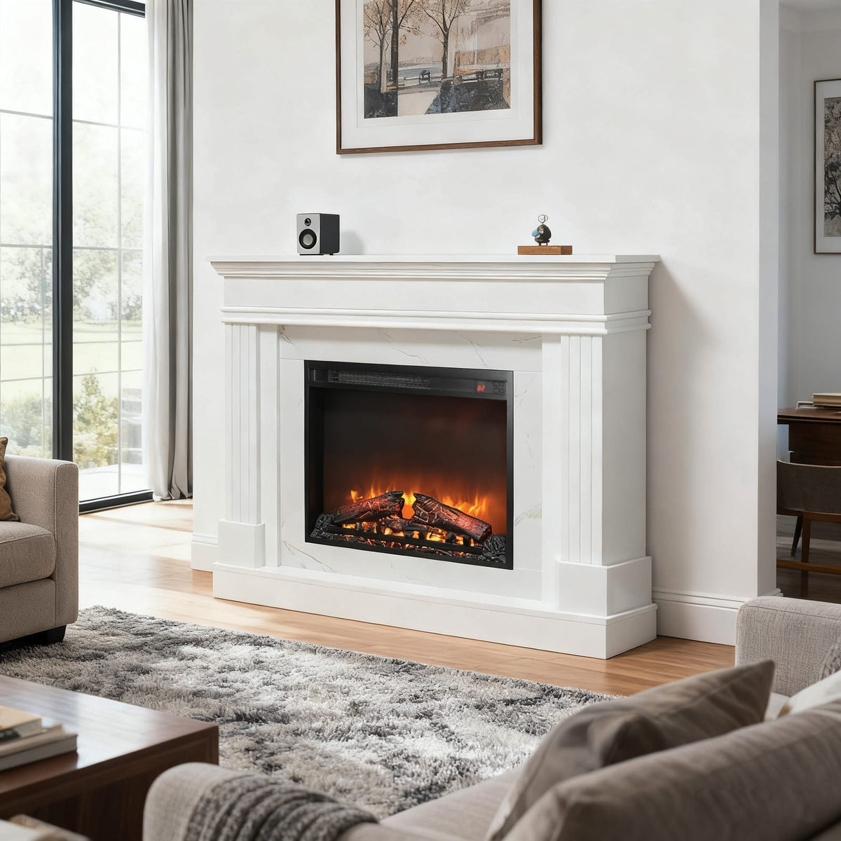 Living Room 44" Jasmine White Electric Fireplace with Mantel - Realistic Flame Effect