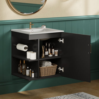 Black Solid Wood Bathroom Cabinet - Wall Mounted Storage