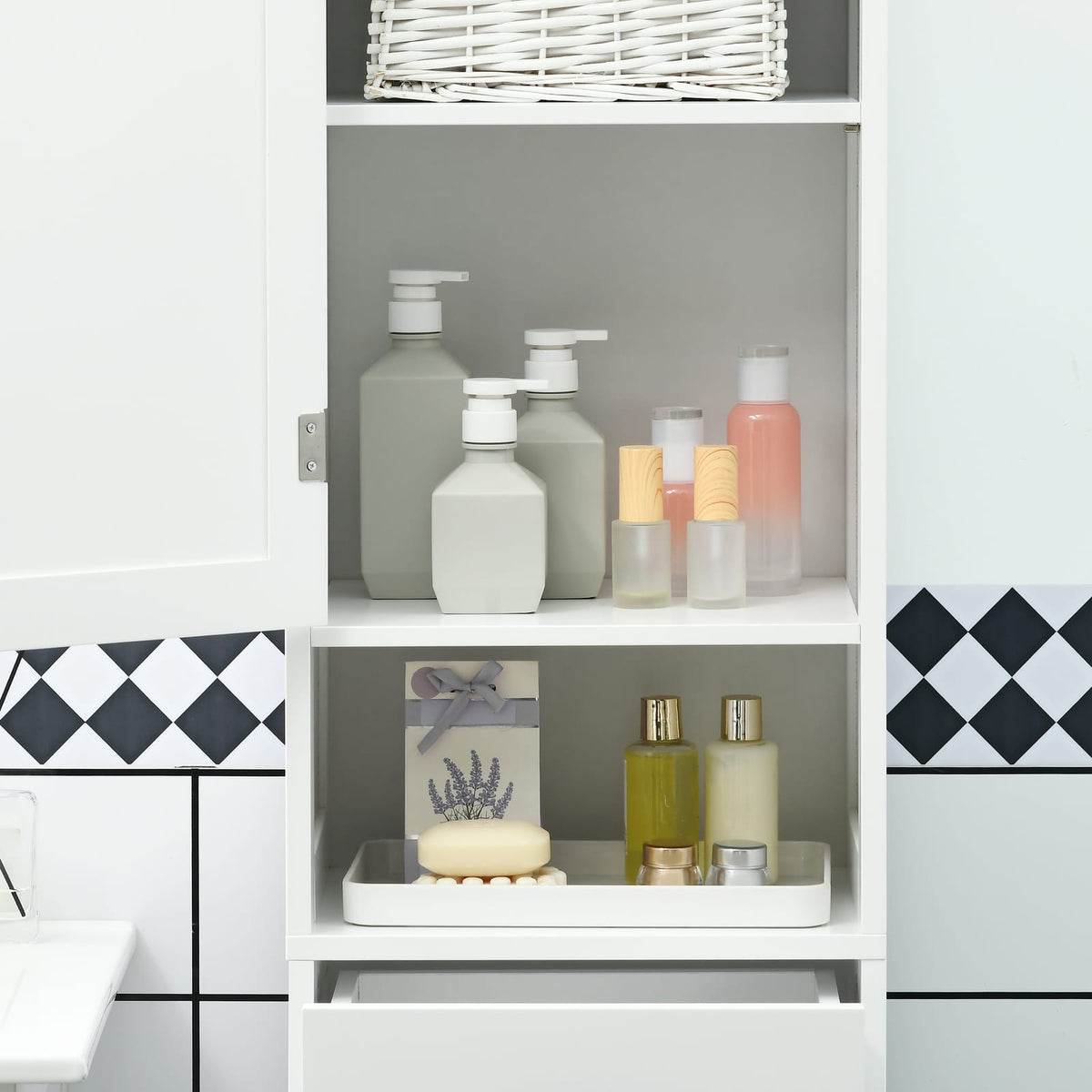 Slim White Bathroom Storage Cabinet - Tall Linen Tower with Adjustable Shelves