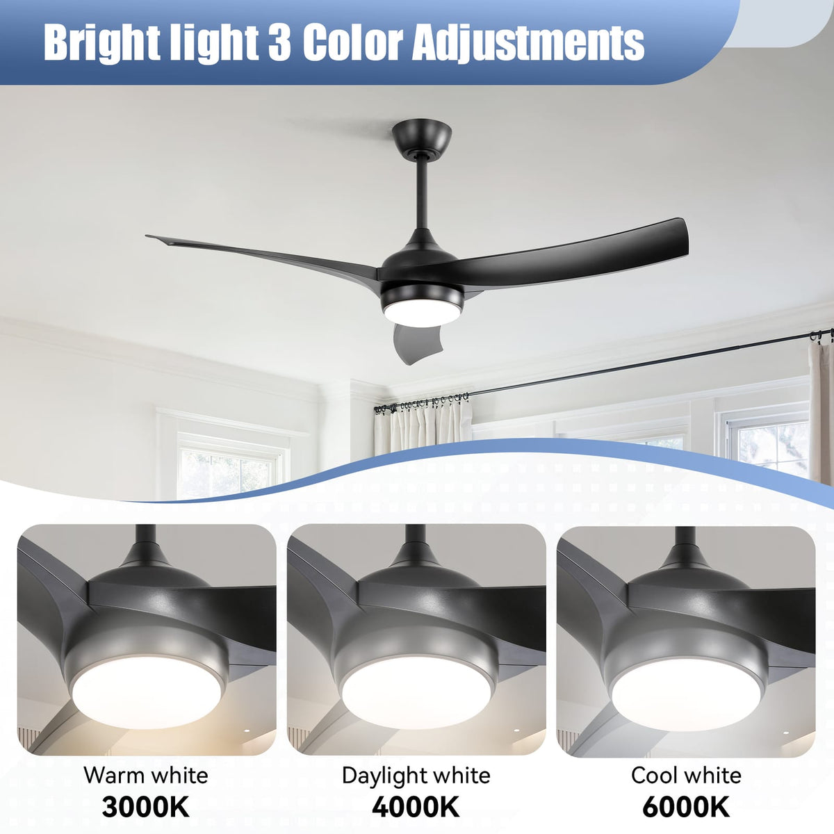 52 Inch Black Ceiling Fan with ABS Blades - Bedroom Living Room