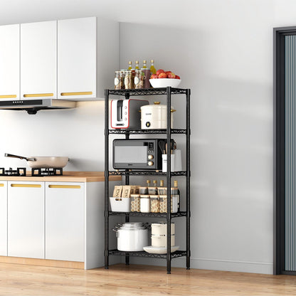 5-Tier Black Wire Shelving Unit - Adjustable Storage Rack for Living Room