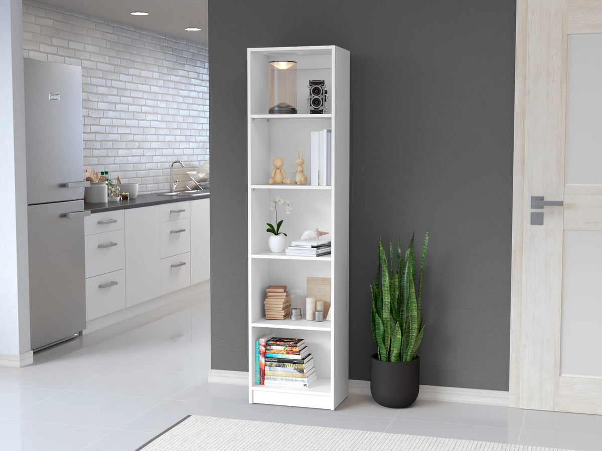 White Engineered Wood Bookcase - 5 Shelves, 17.7"W for Living Room