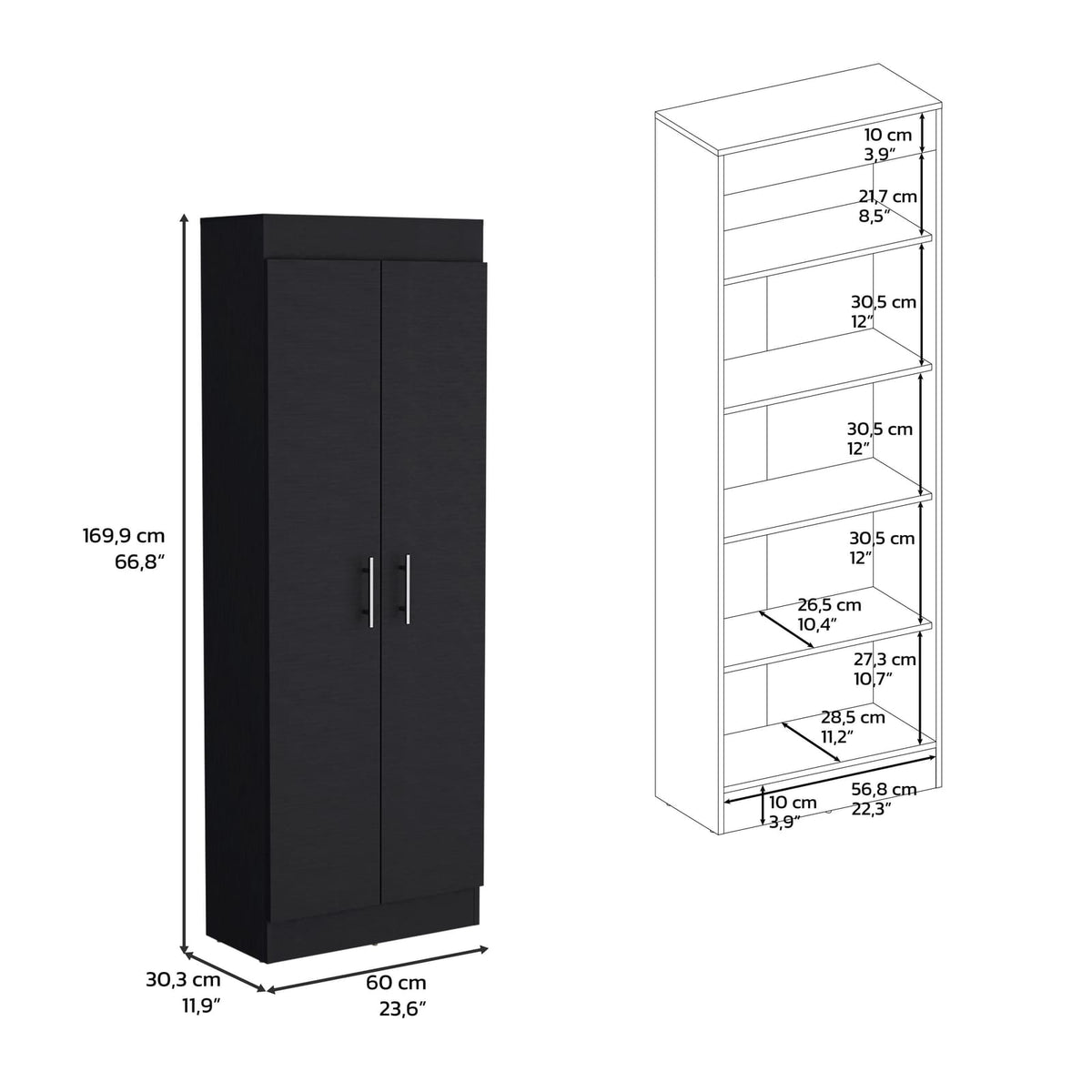 Pantry Cabinet 67" H, 5 Shelves, Black - Storage Solutions