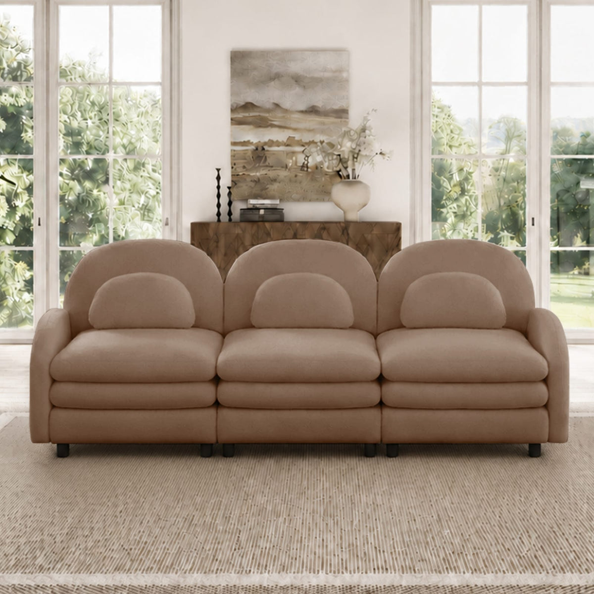 Teddy Fabric 3-Seat Sofa - Camel, Curved Backrest & Soft Cushions