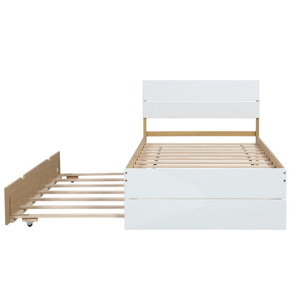 Modern Twin Bed Frame with Light Oak Trundle - White High Gloss
