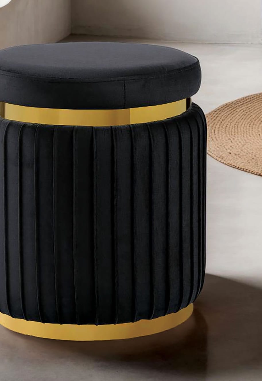Black Contemporary Round Accent Stool - Stainless Steel & Velvet