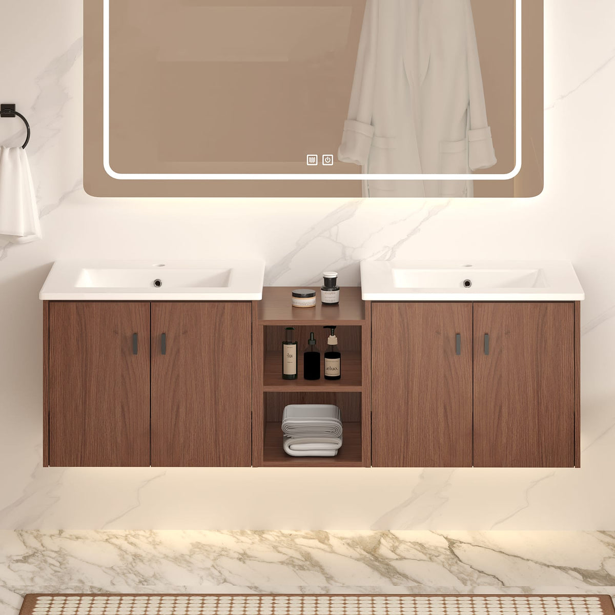 60 inch Reddish Brown Bathroom Vanity with Storage Cabinets