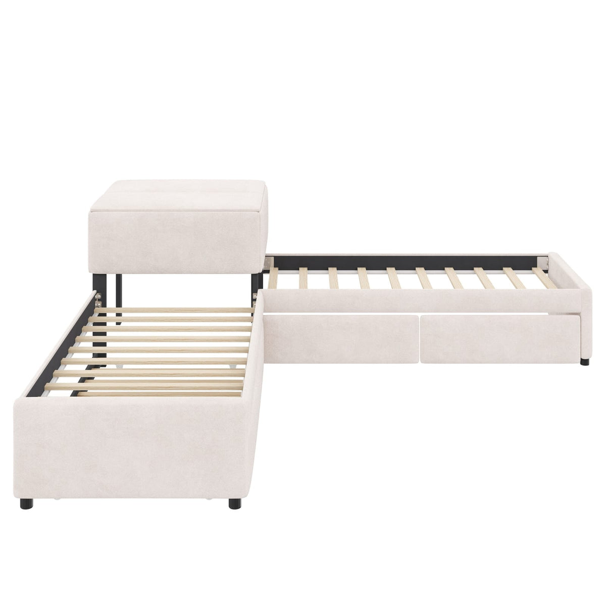 L-Shaped Platform Bed with Trundle - Twin Beige for Bedroom