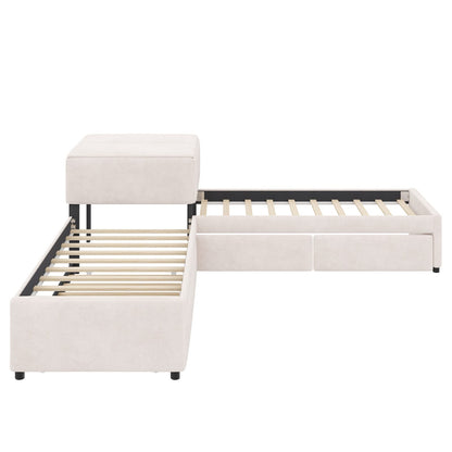 L-Shaped Platform Bed with Trundle - Twin Beige for Bedroom