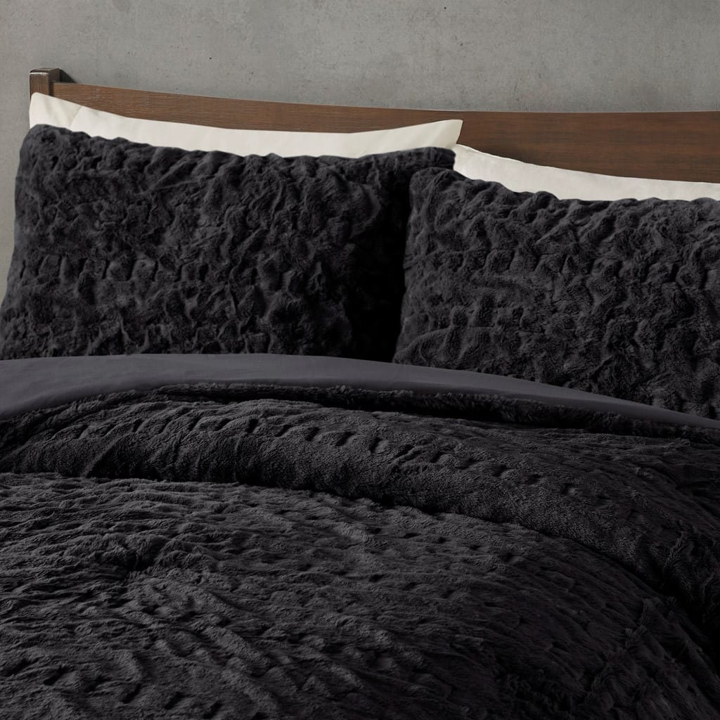Queen Ruched Fur Comforter Set - Black Polyester