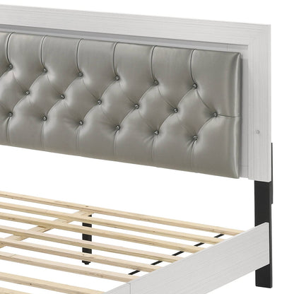 Grey Queen Bed Frame with Fabric Headboard for Bedroom