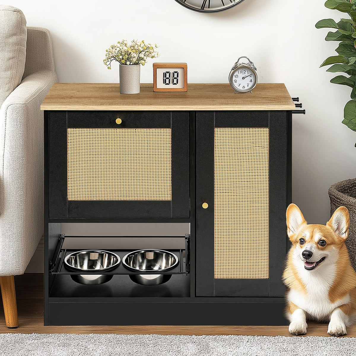Black Vintage Dog Bed Station with 2 Bowls - 33" Storage