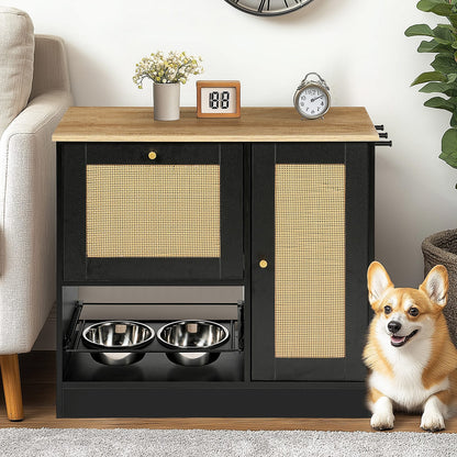 Black Vintage Dog Bed Station with 2 Bowls - 33" Storage