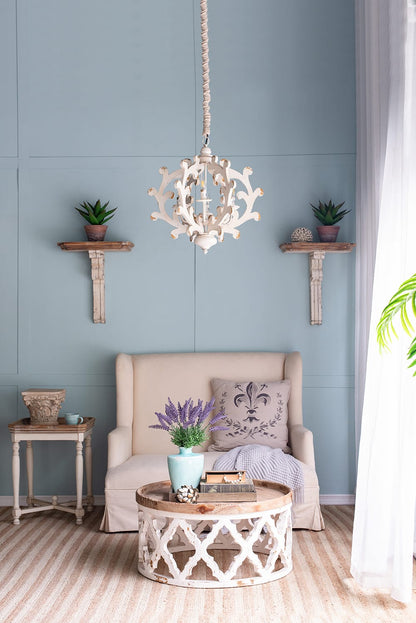 6-Light Wood Chandelier - White MDF, Adjustable Chain