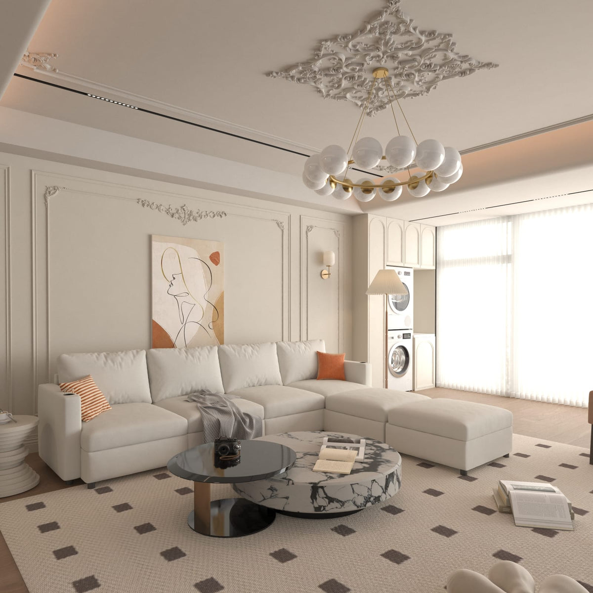 6 Seat Antique White Fabric Storage Sofa with Ottomans
