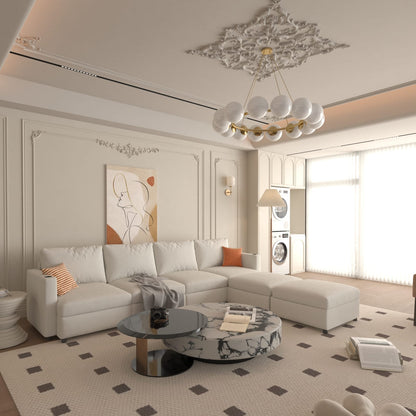 6 Seat Antique White Fabric Storage Sofa with Ottomans