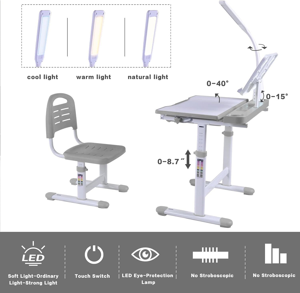 Gray Kids Desk & Chair Set - Adjustable Height Drafting Table
