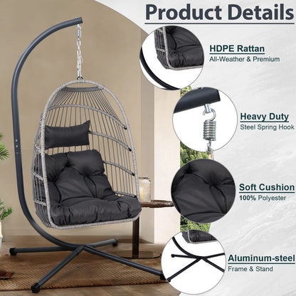 Black Gray Outdoor Hanging Egg Chair with Stand - Patio Swing