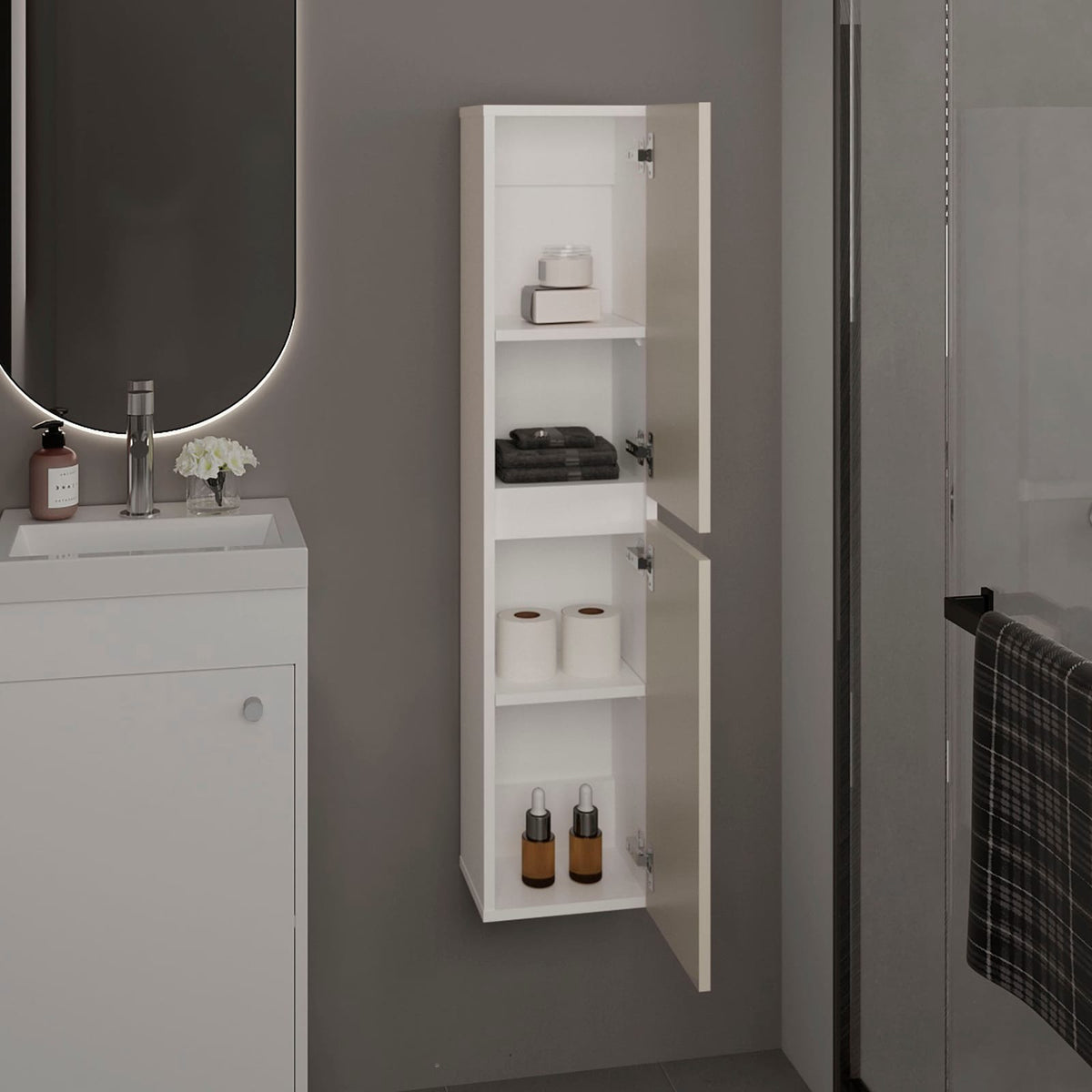White Bathroom Cabinet - 2 Doors, 4 Shelves