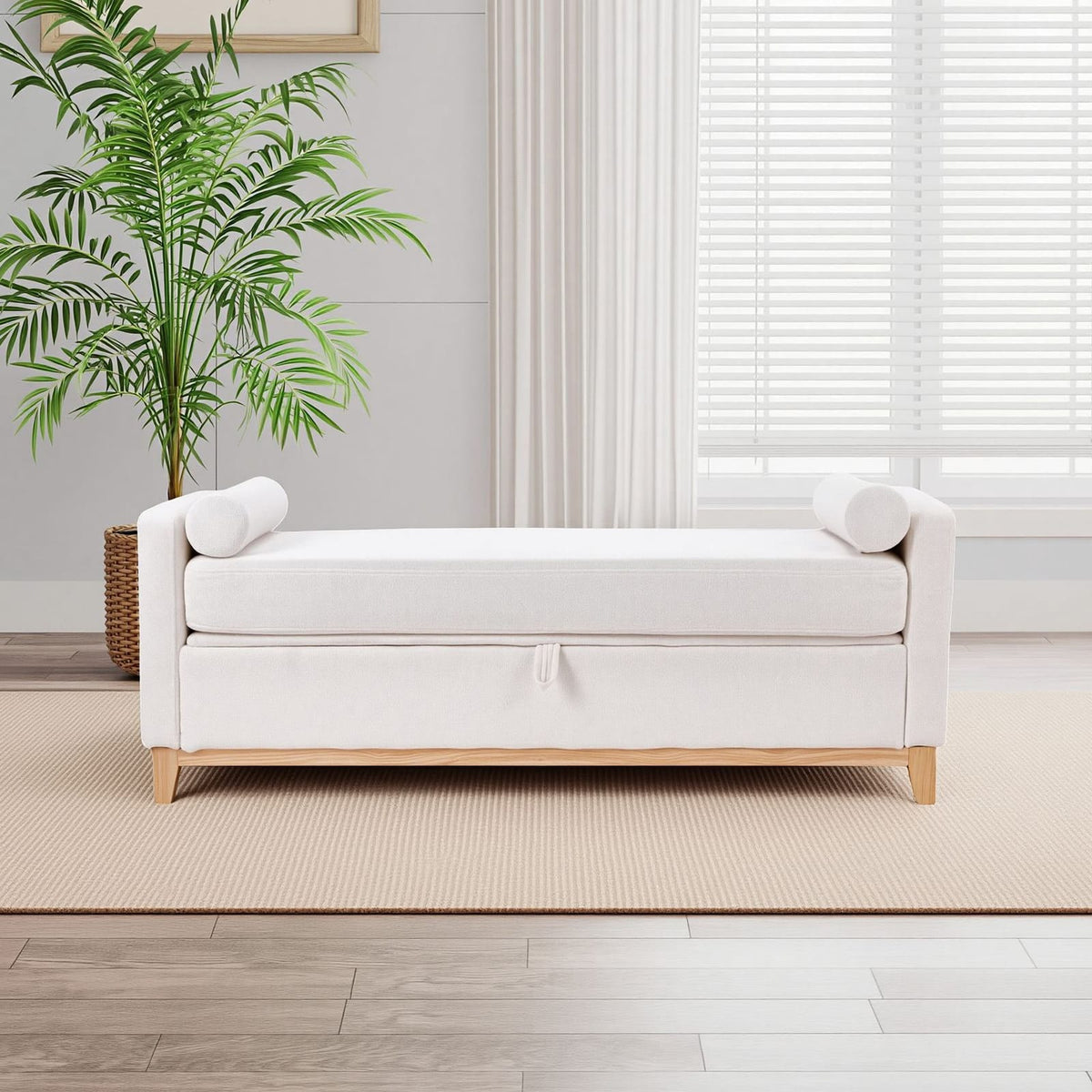 Living Room 66" Beige Sherpa Storage Bench with Bolster Pillows - Bedroom End Bench