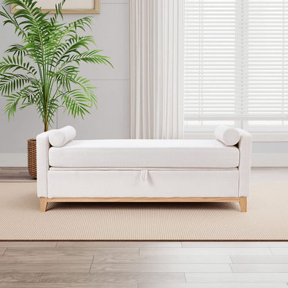 Living Room 66" Beige Sherpa Storage Bench with Bolster Pillows - Bedroom End Bench