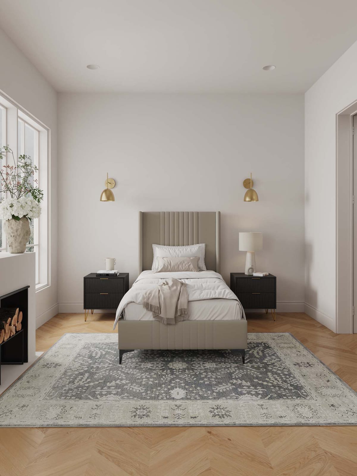 Taupe Eucalyptus Velvet Twin Bed Frame with Mid-Century Modern Headboard for Bedroom