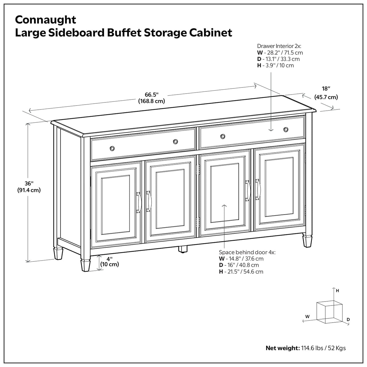 Brown Pine Sideboard Buffet - 66.5" Wide Storage Cabinet