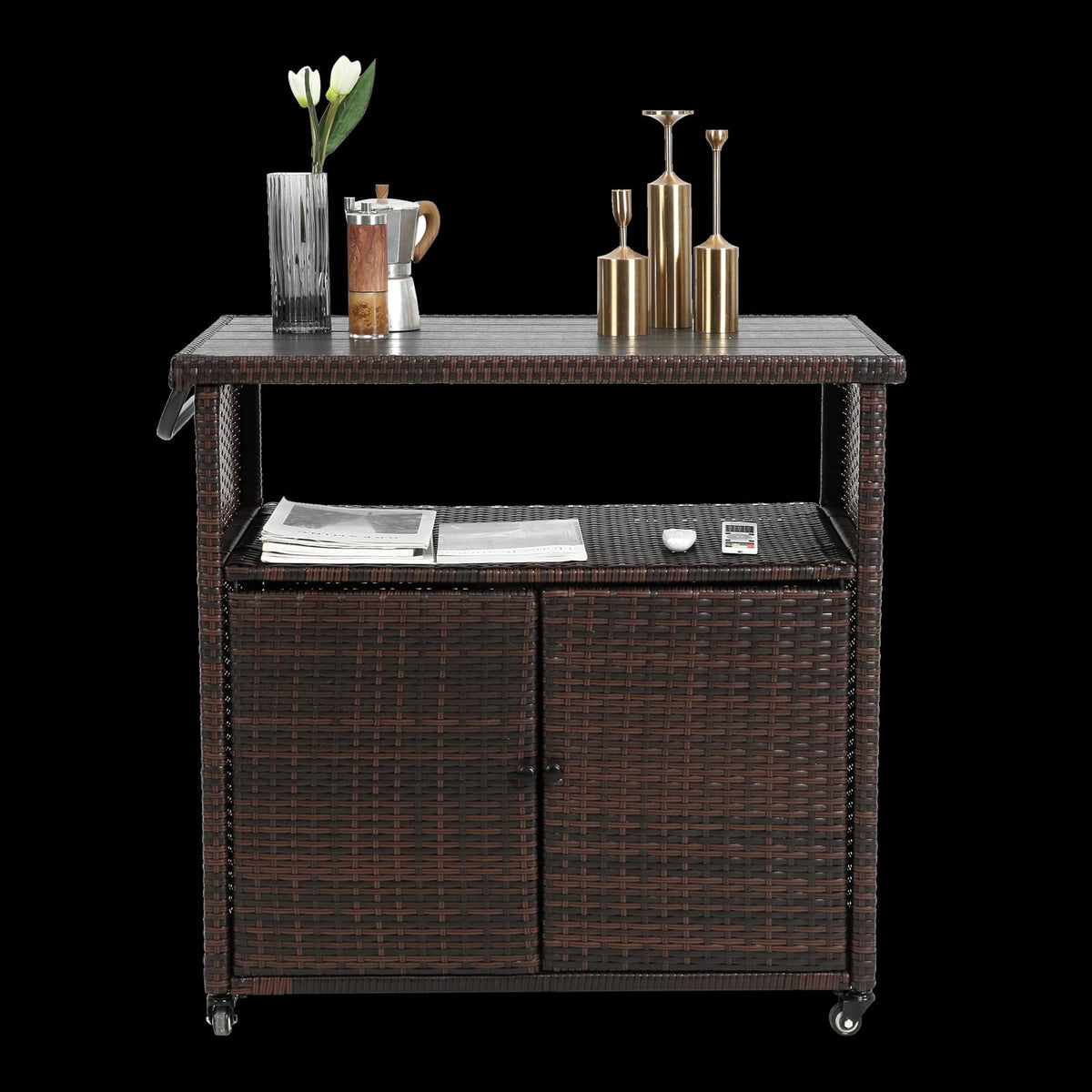 Outdoor Wicker Bar Cart - Patio Serving Cart with Wheels, Black+Brown