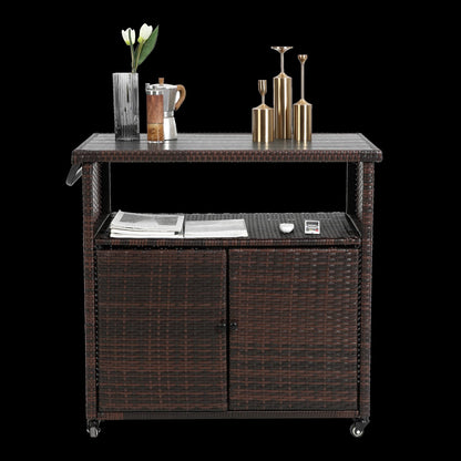Outdoor Wicker Bar Cart - Patio Serving Cart with Wheels, Black+Brown