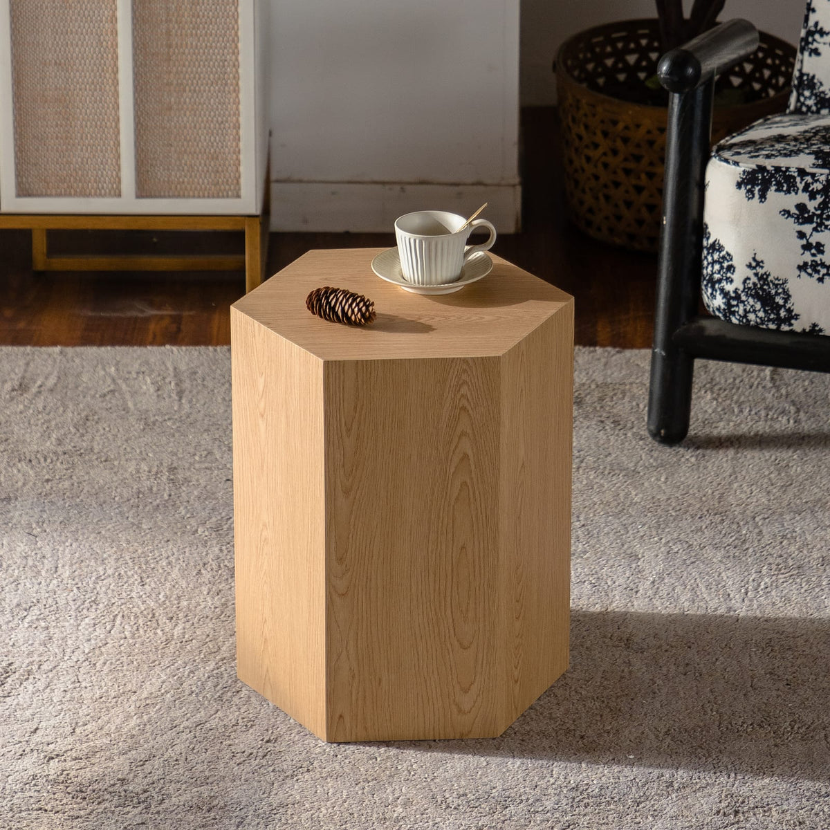 Natural Wood Hexagon Coffee Table - Small Bedroom End Table for Living Room