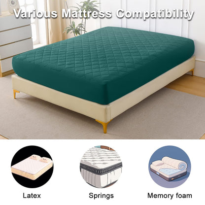 Diamond-Patterned Waterproof Quilted Fitted Sheet, Green, King Size