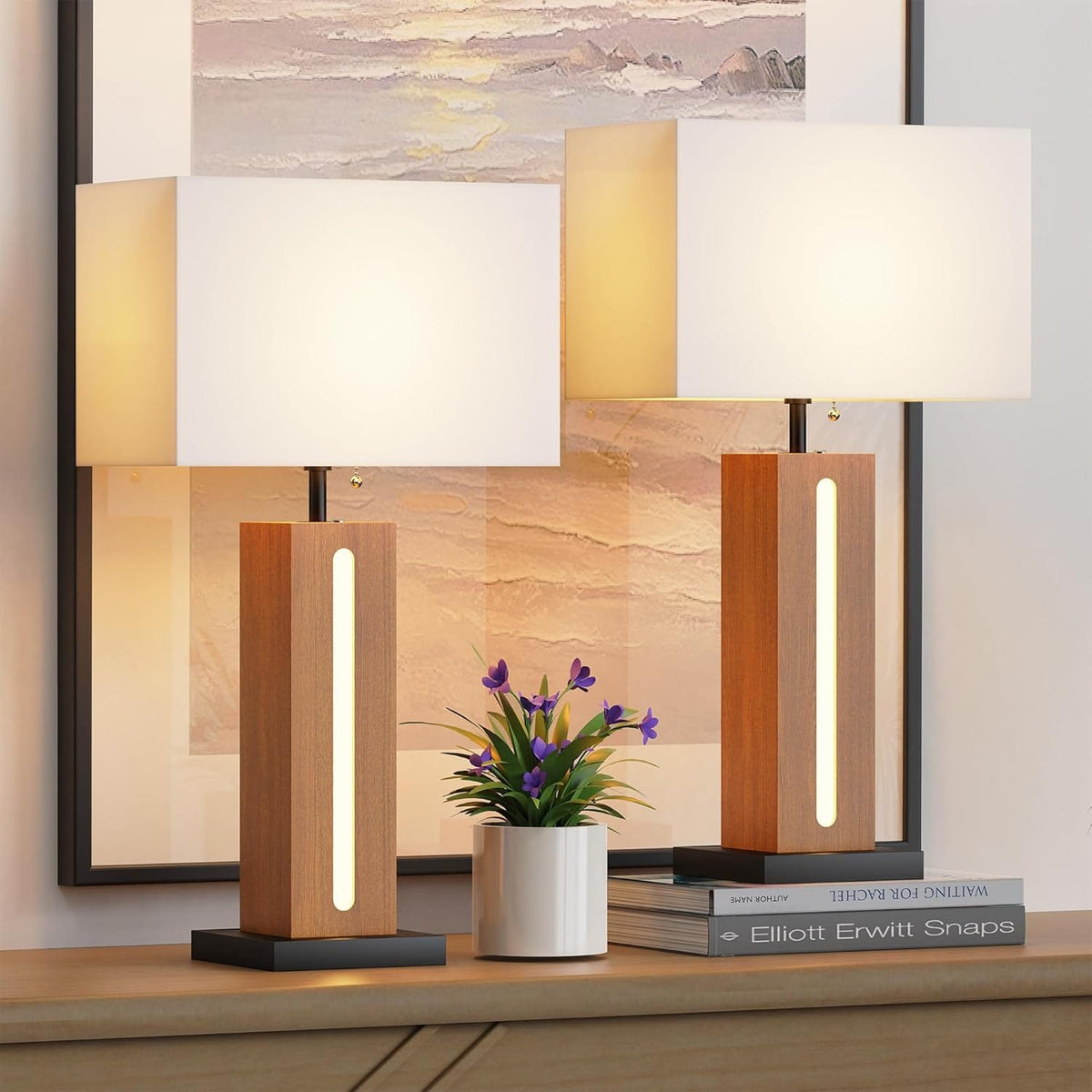 Modern Table Lamps Set of 2 - Black & Orange Metal Wood Grain