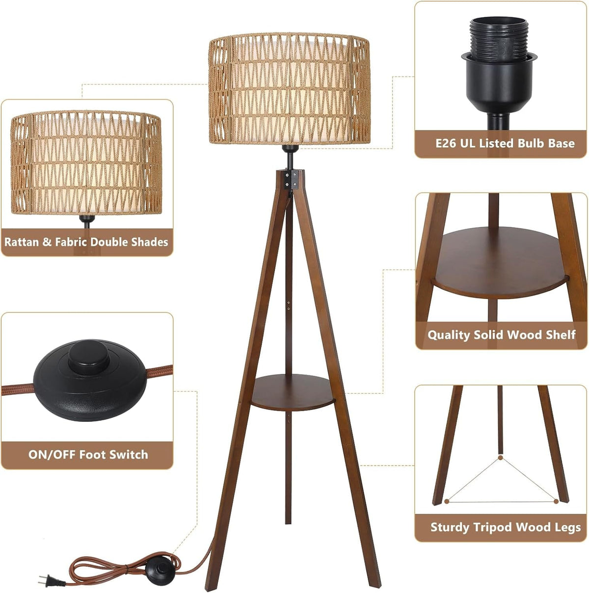 Brown Wood Rattan Floor Lamp with Shelves and Foot Switch for Living Room