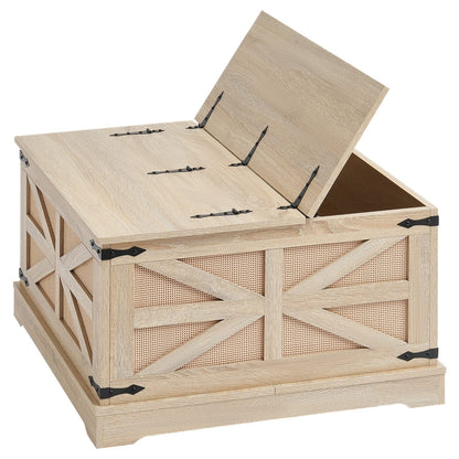 32 Inch Rattan Coffee Table with Storage - Wood Rattan Table for Living Room
