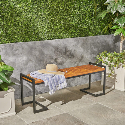 Teak Acacia Wood Patio Bench with Iron Frame for Garden Seating