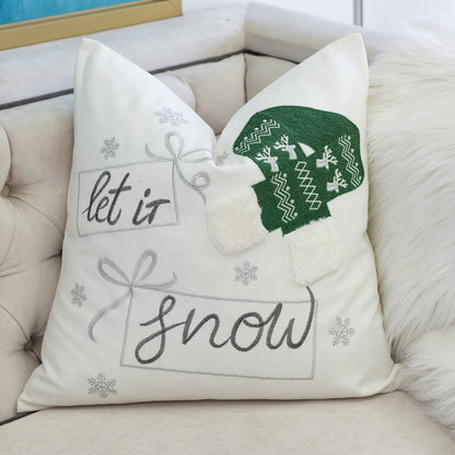 Let It Snow Christmas Throw Pillow 20x20" Square Cotton Cushion with Green Knit
